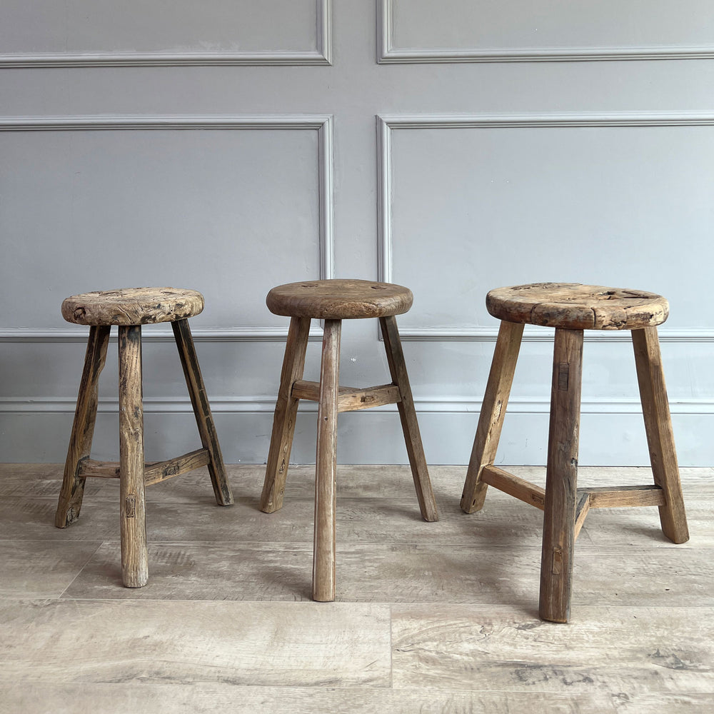 Antique Rustic Round Top Stool group of 3
