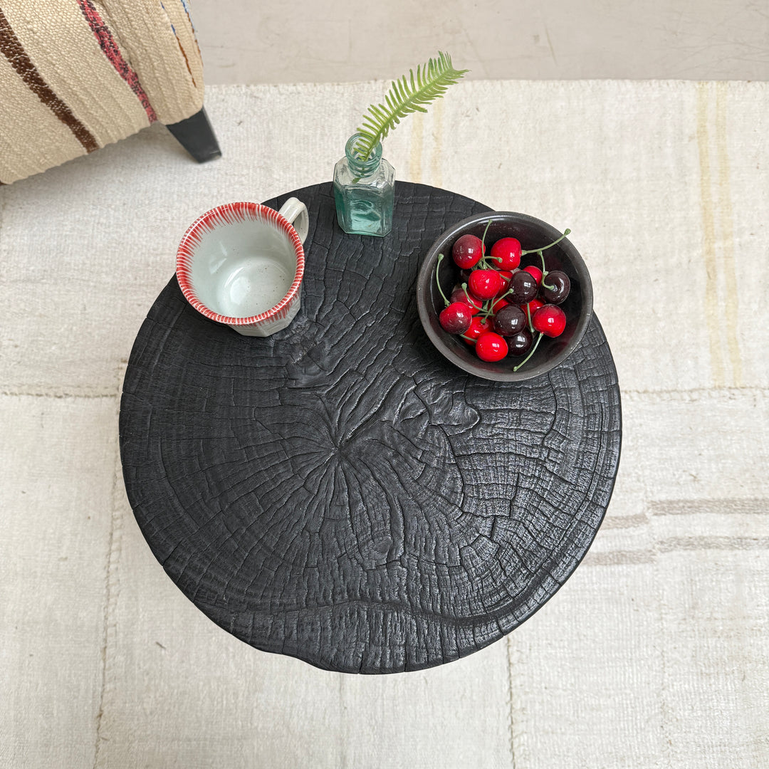 Round wooden side table | Carved