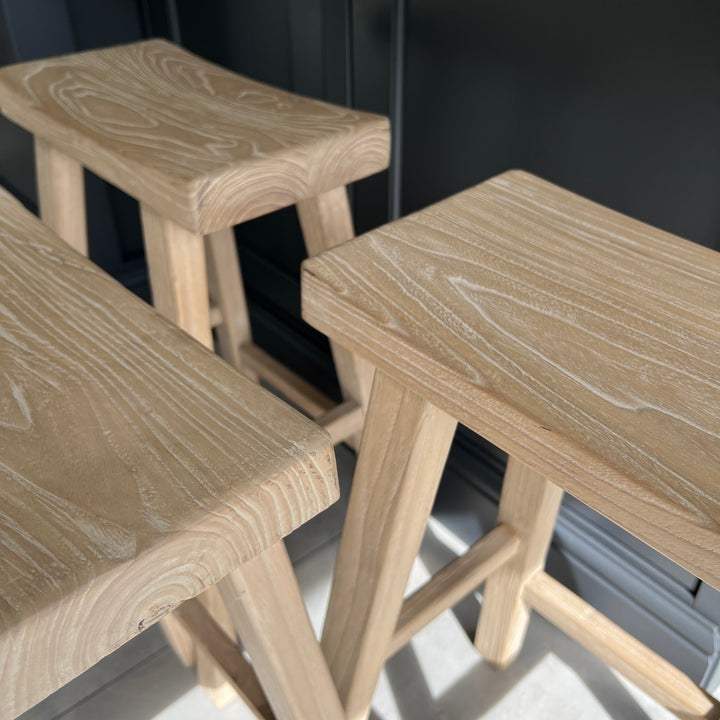 Rustic Reclaimed Wood Bar Stool close up of whitewashed top