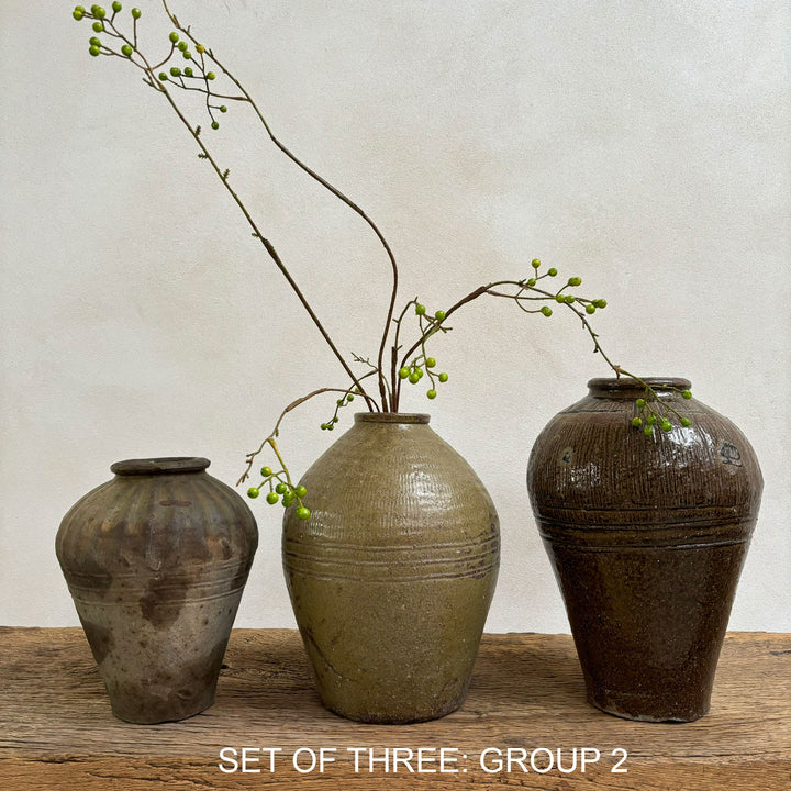 Set of three: Antique Green Preserve Pots Group2