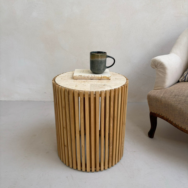 Slatted round marble topped side table 