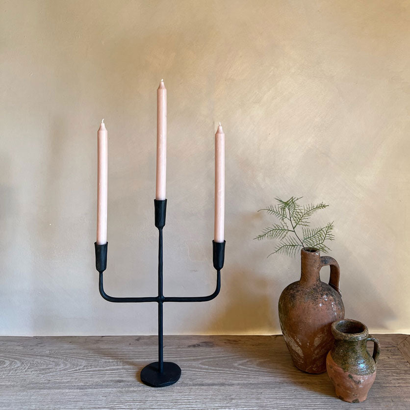 Black metal three arm candelabra