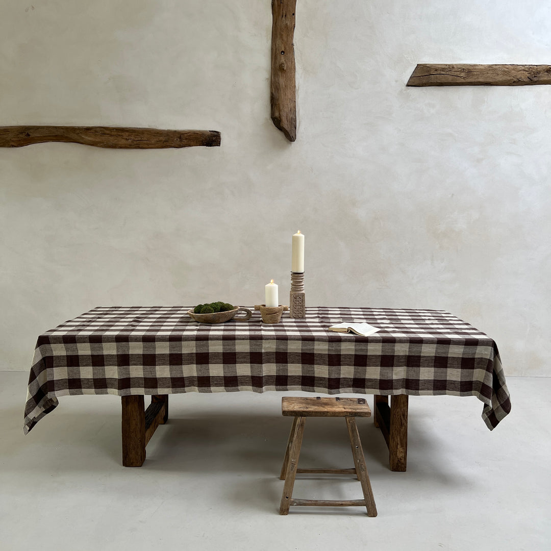 brown checked linen table cloth 6