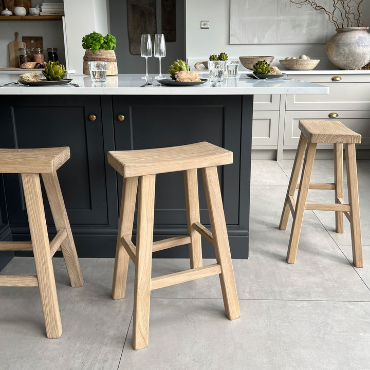 Rustic Reclaimed Wood Bar Stool around a painted kitchen island