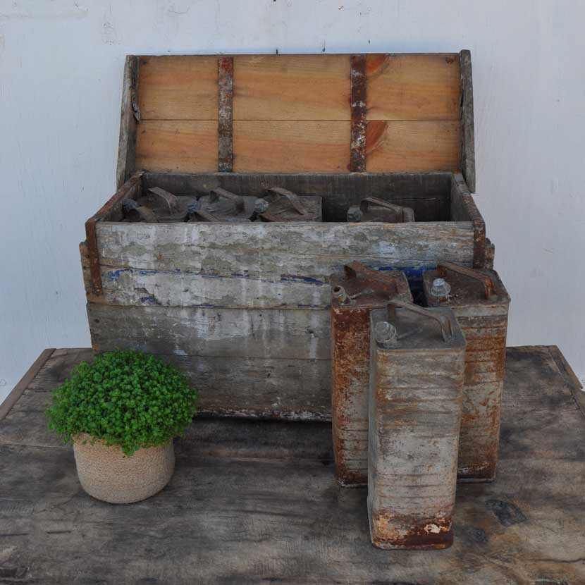 rustic vintage box of galvanised cans