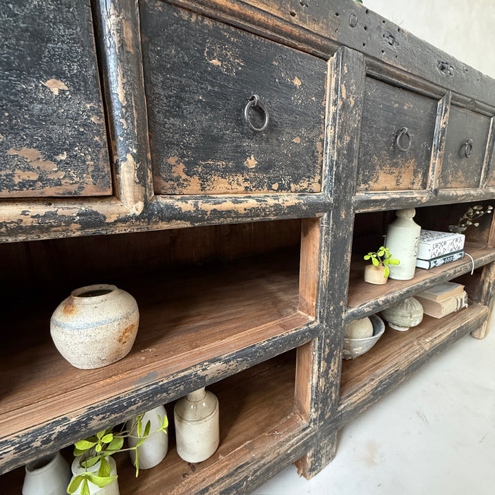Antique black rustic shop counter with drawers | Ashley