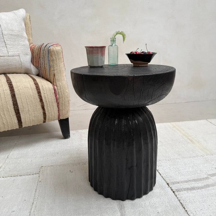 Round wooden side table | Carved