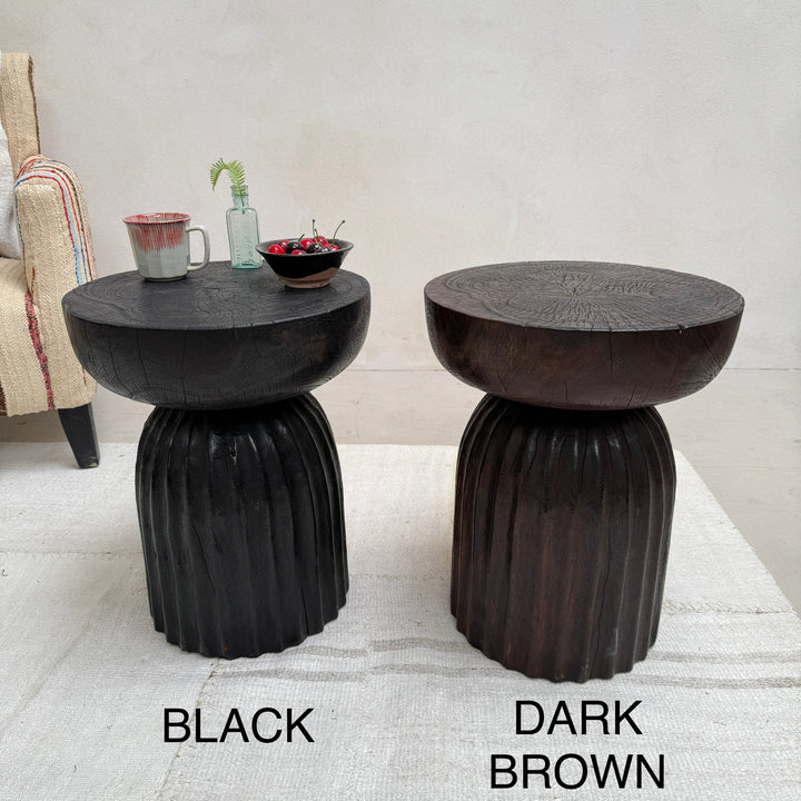 Round wooden side table | Carved