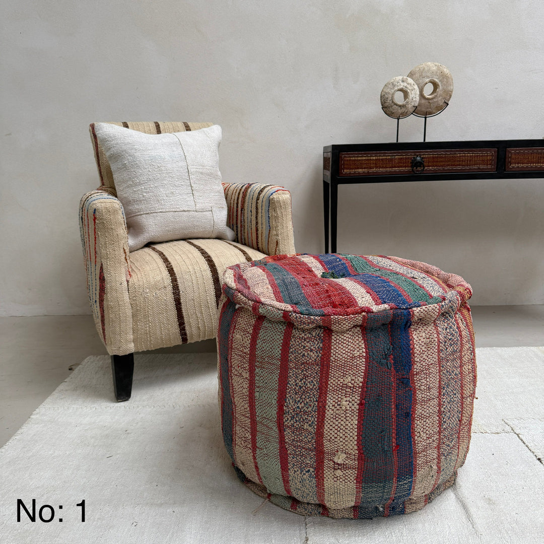 Vintage Moroccan Round Floor Pouf | Large