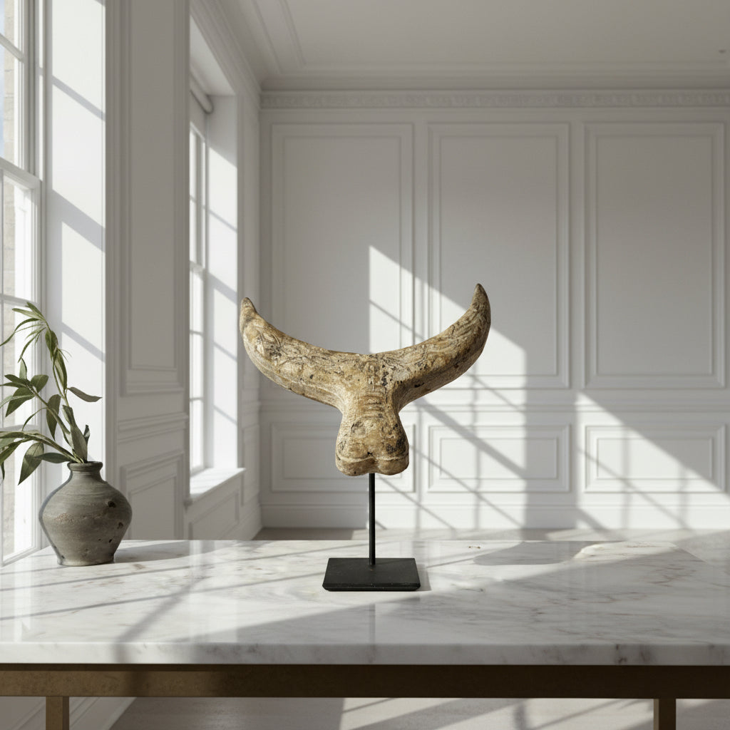 Primitive wooden cow horn sculpture