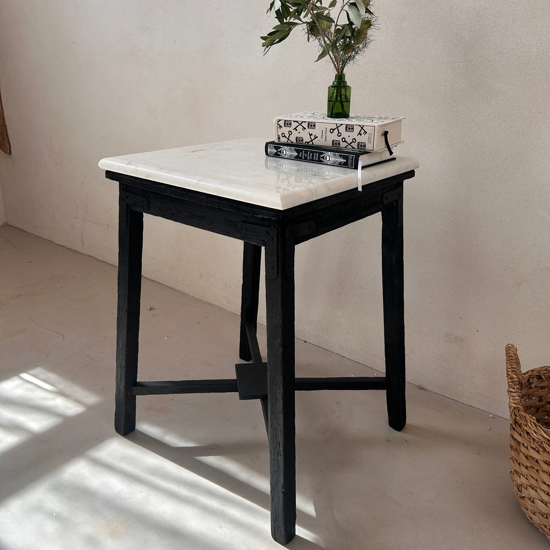 Vintage Polished Marble Top Square Side Table | Arundul