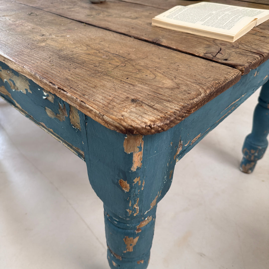 Antique Victorian Pine Dining Table with Original Blue Paint