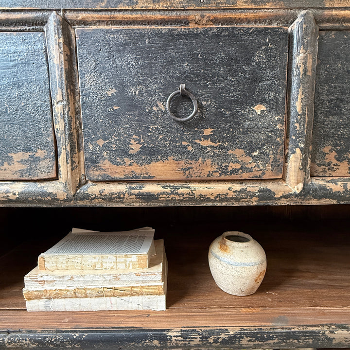 Antique black rustic shop counter with drawers | Ashley