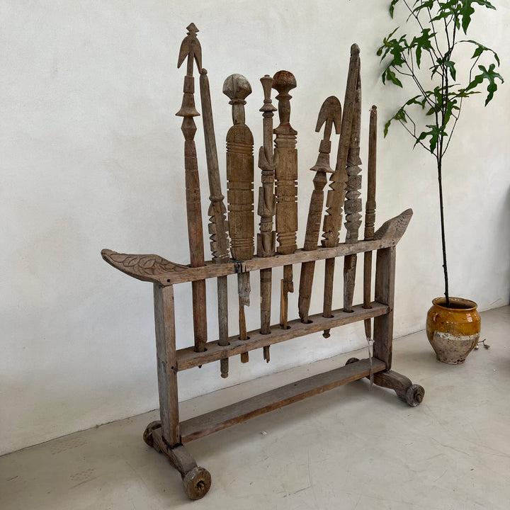 Antique Berber Carved Wooden Tent Peg Collection on Stand