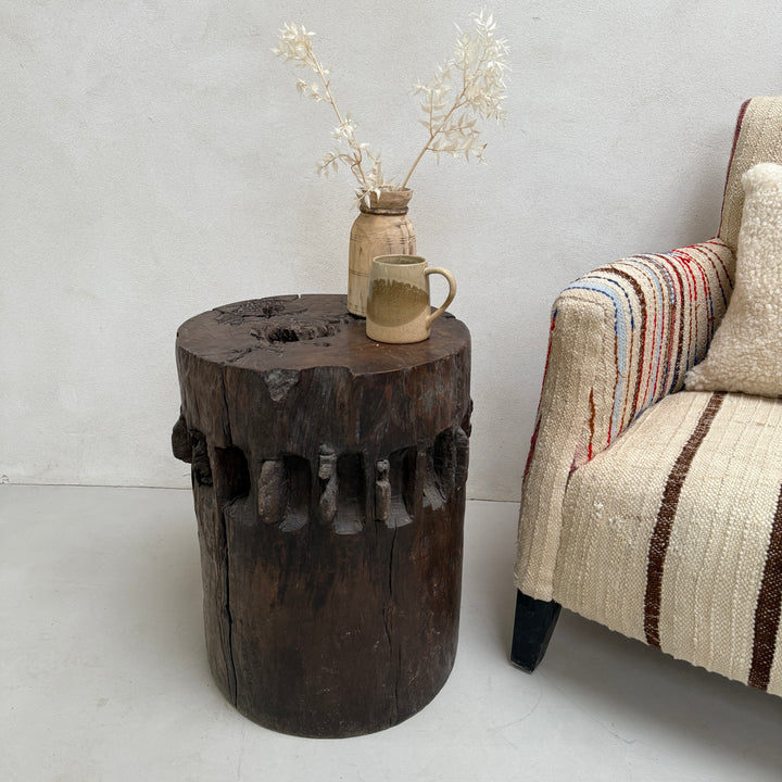 Rustic Antique Sugar Grinder round side table | Coco