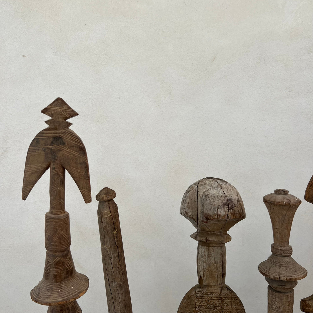 Antique Berber Carved Wooden Tent Peg Collection on Stand