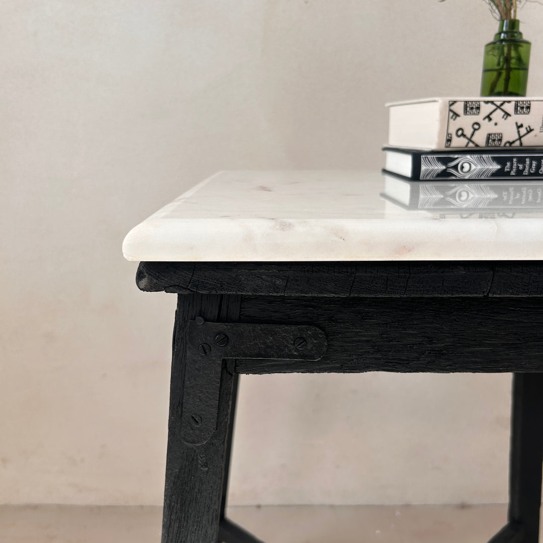 Vintage Polished Marble Top Square Side Table | Arundul