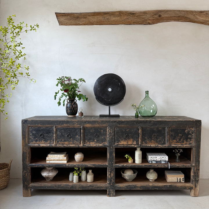 Antique black rustic shop counter with drawers | Ashley