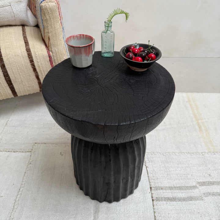 Round wooden side table | Carved