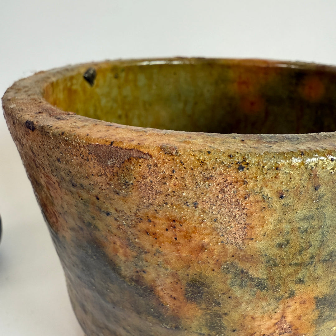 Stoneware ochre hand made plant pot low