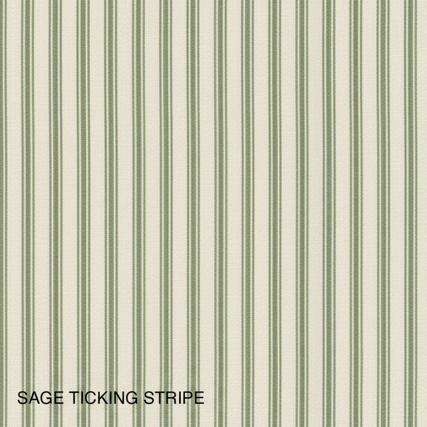 Fabric swatch with green ticking stripe pattern on a beige background