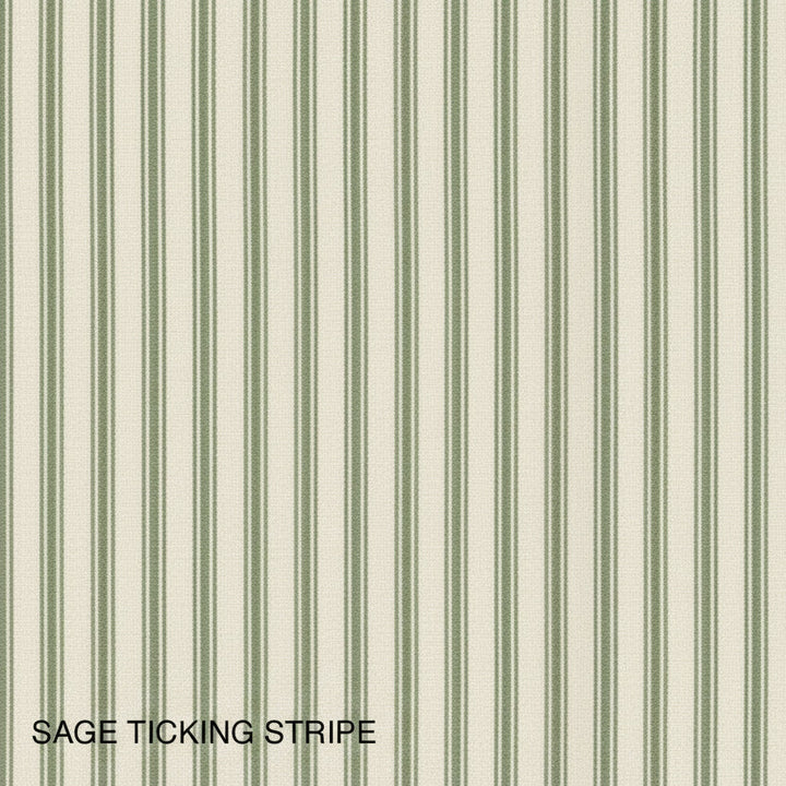 Fabric swatch with green ticking stripe pattern on a beige background