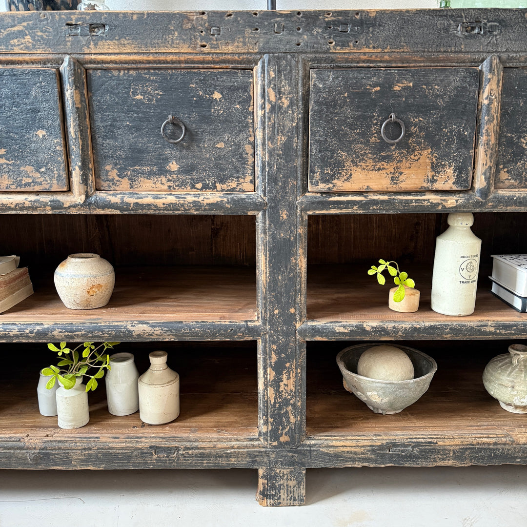 Antique black rustic shop counter with drawers | Ashley