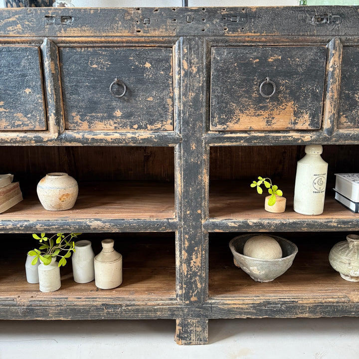 Antique black rustic shop counter with drawers | Ashley