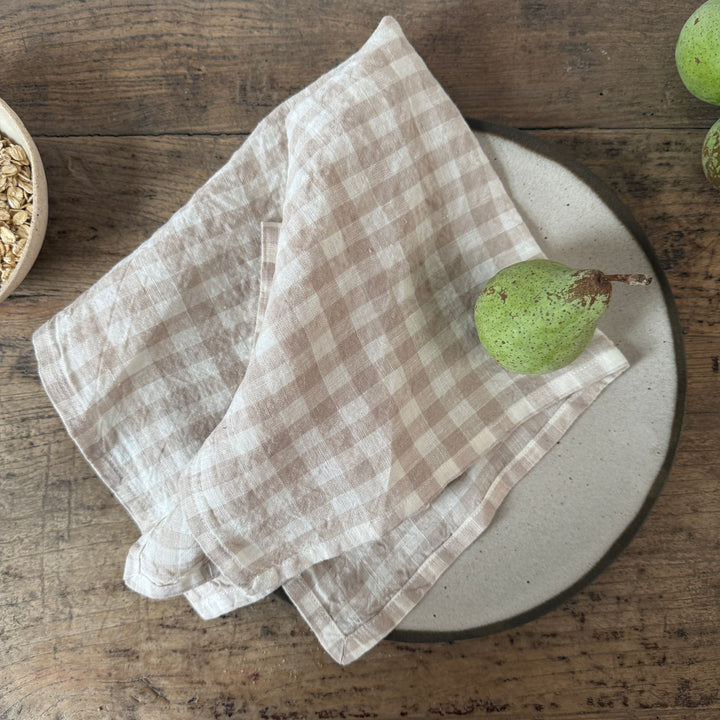 Oatmeal &amp; White Gingham Check Linen Napkin | 45x45cm
