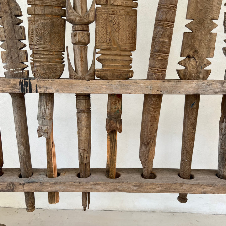 Antique Berber Carved Wooden Tent Peg Collection on Stand
