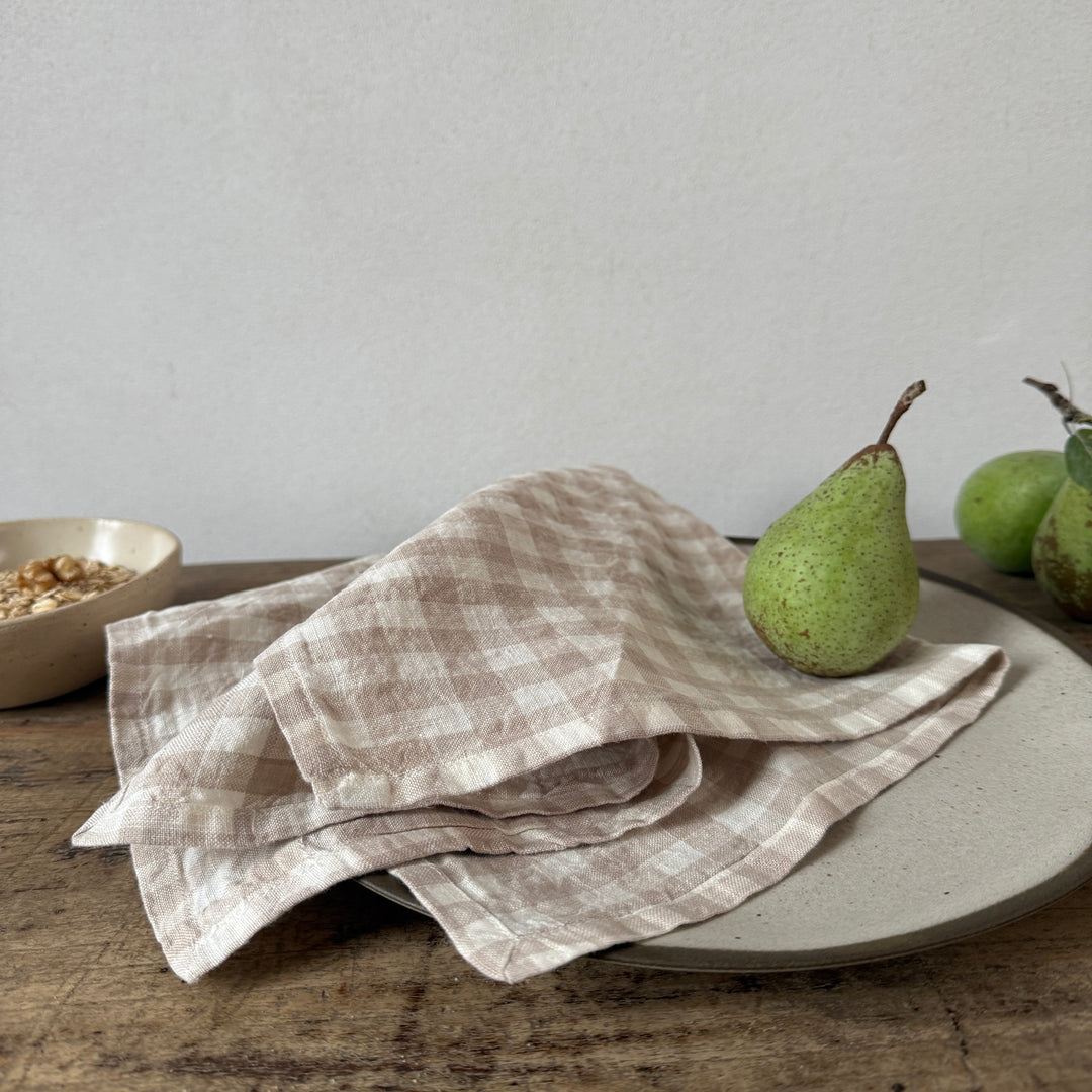 Oatmeal &amp; White Gingham Check Linen Napkin | 45x45cm