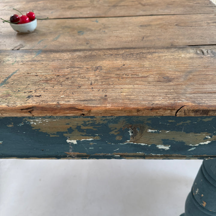 Antique Victorian Pine Dining Table with Original Blue Paint
