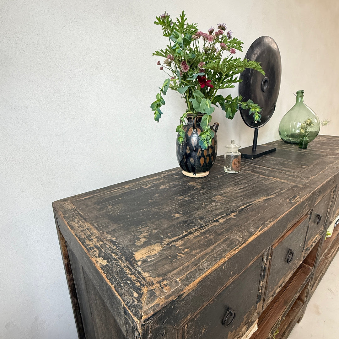 Antique black rustic shop counter with drawers | Ashley