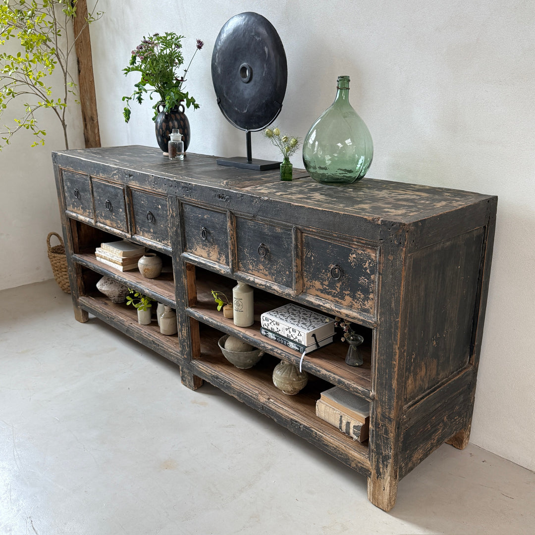 Antique black rustic shop counter with drawers | Ashley