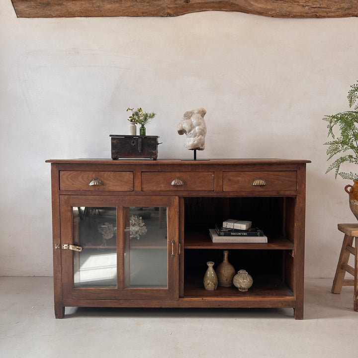 Antique Glazed Dark Wood Teak Sideboard With Drawers | Selena