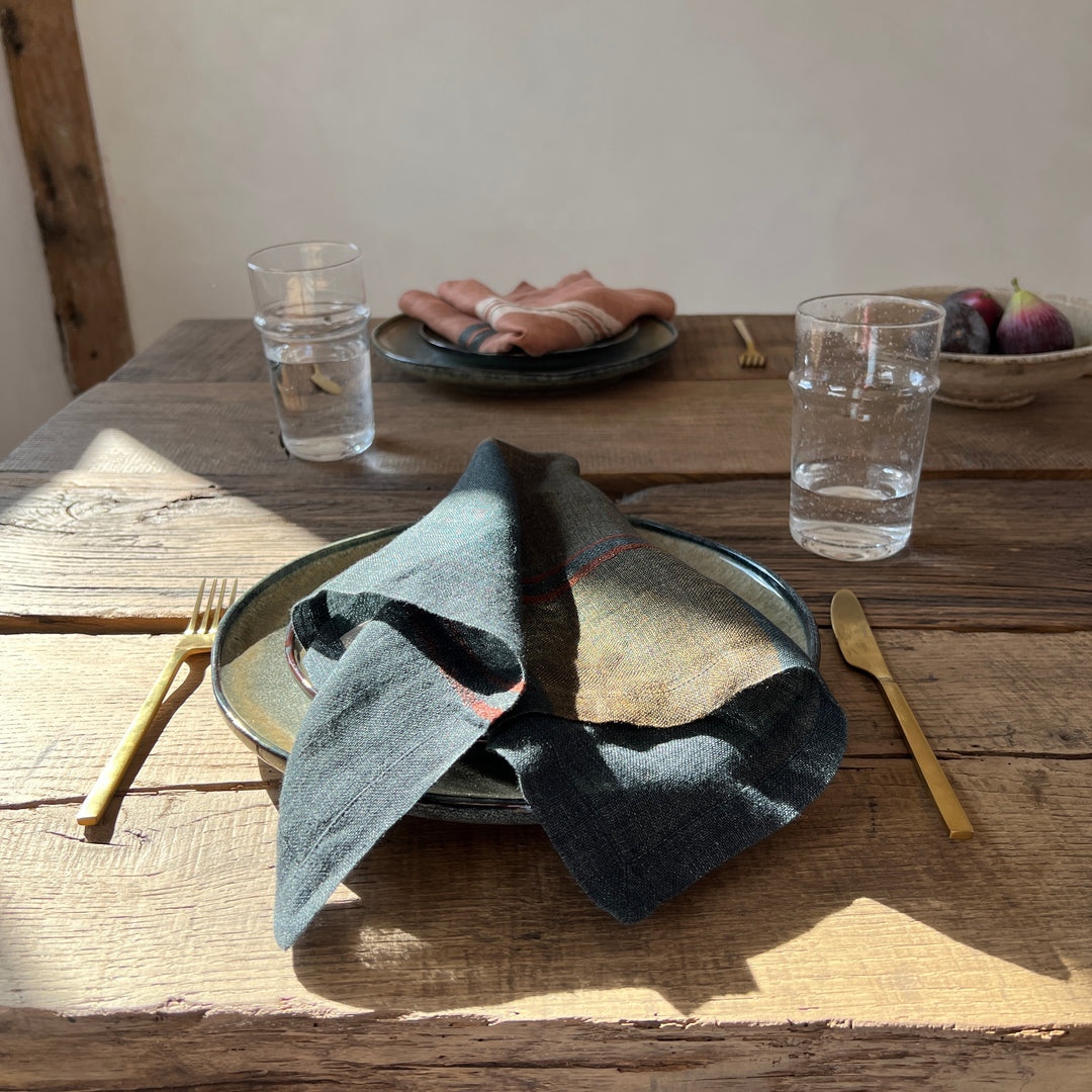 Checked linen napkin Indigo & Rust