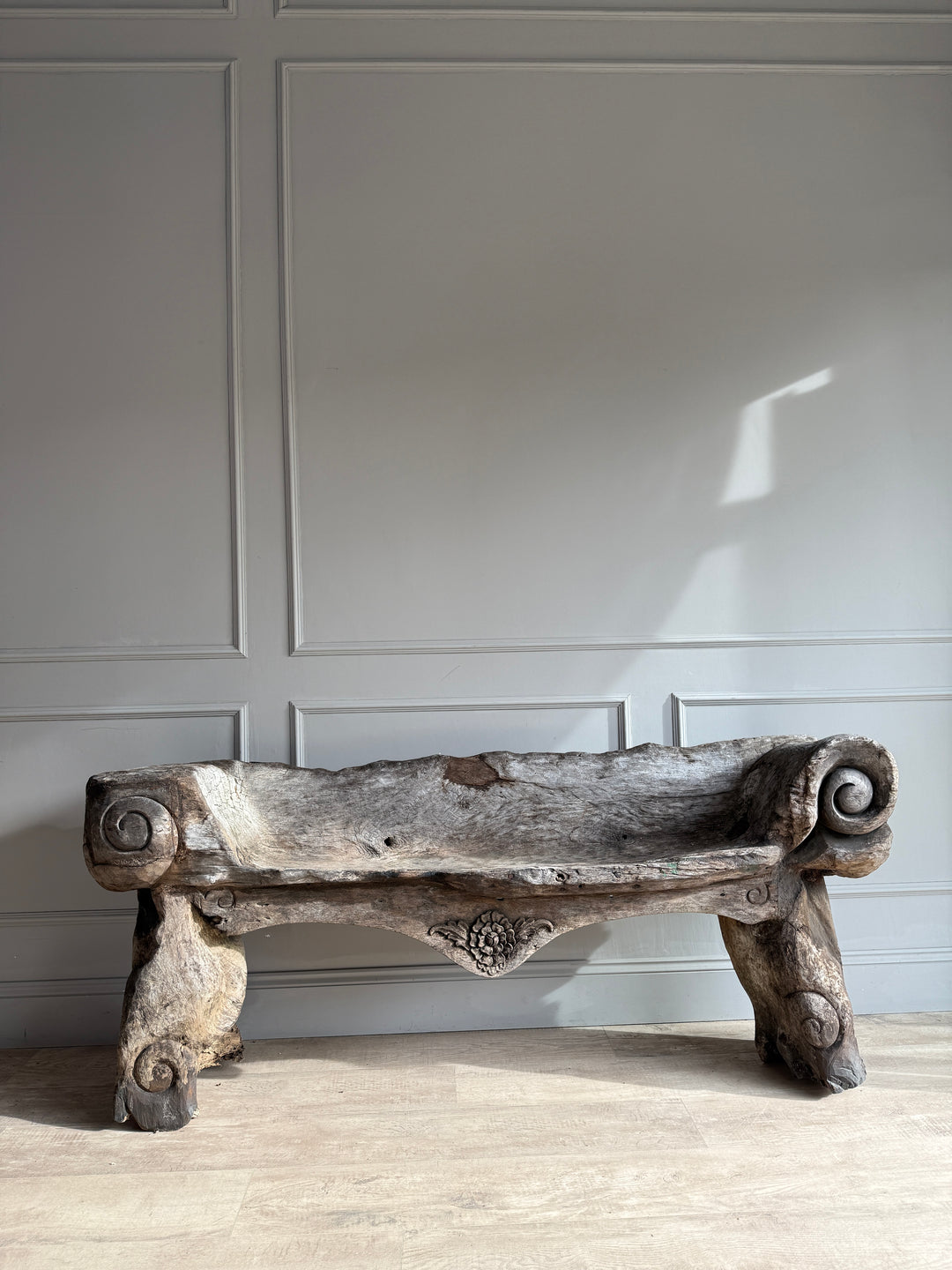 Antique Indonesian weathered carved bench