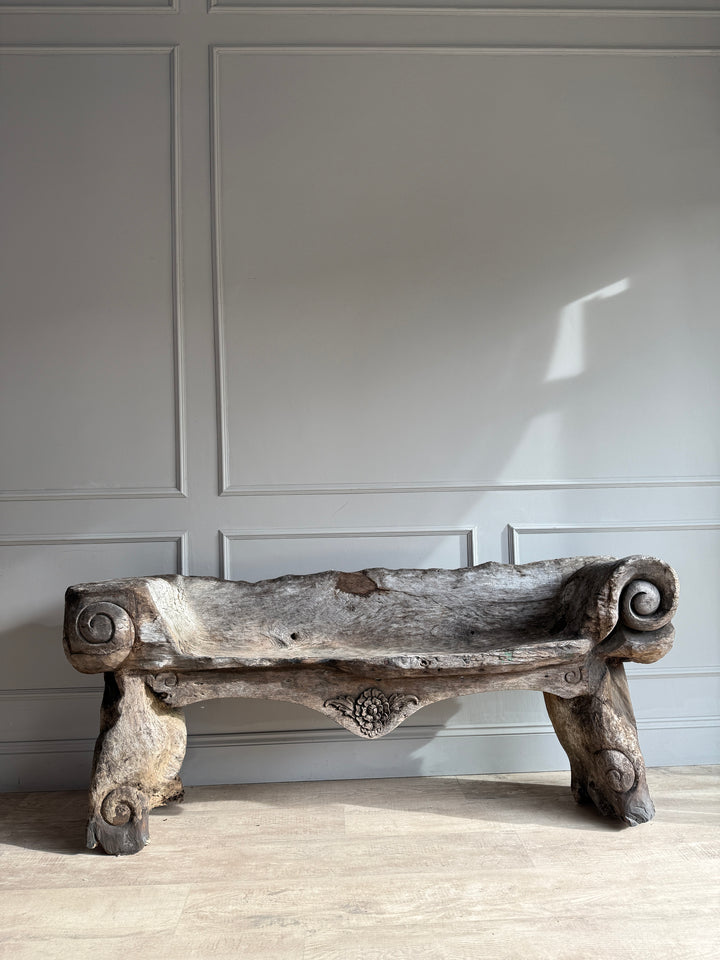 Antique Indonesian weathered carved bench