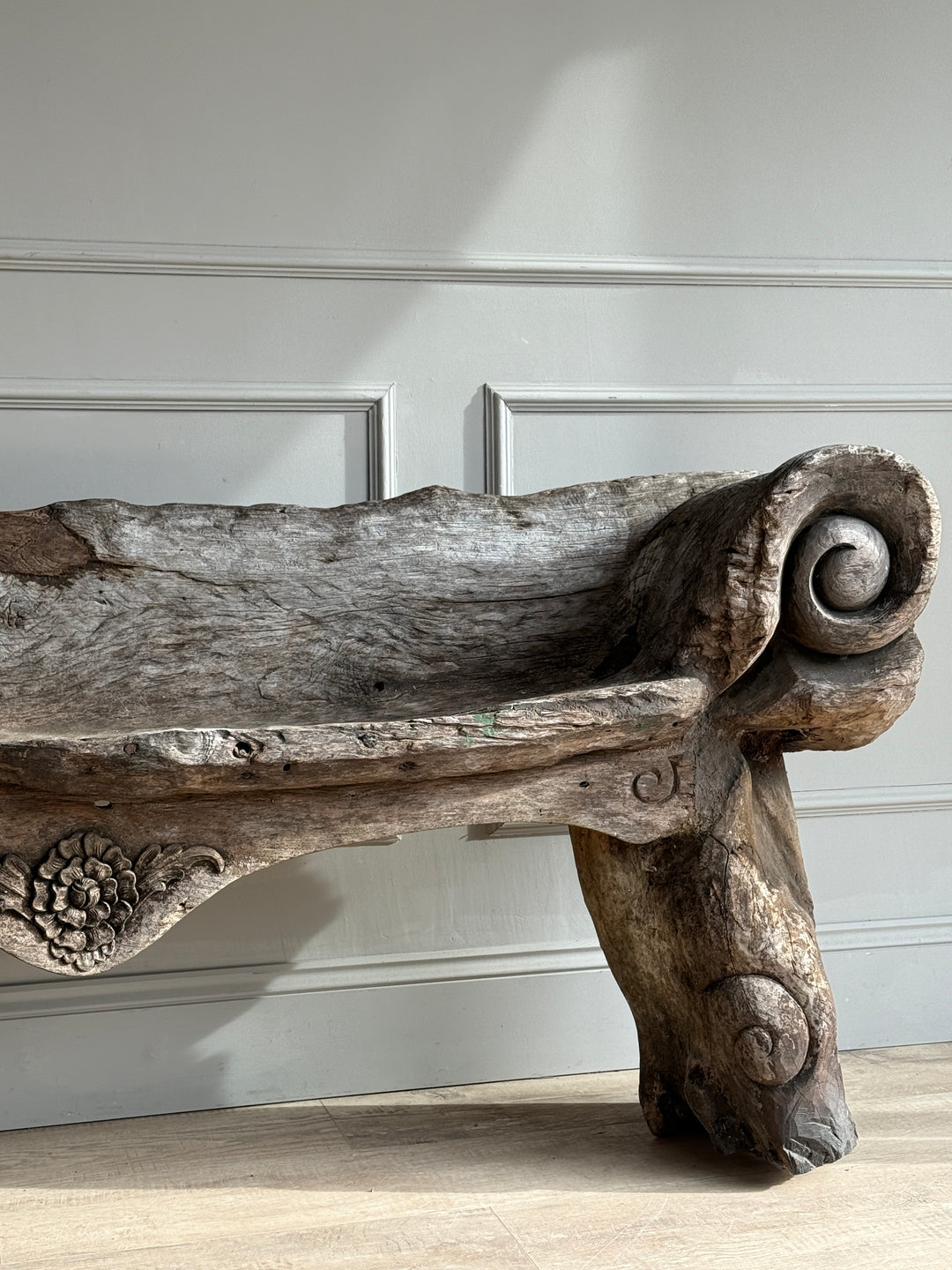 Antique Indonesian weathered carved bench