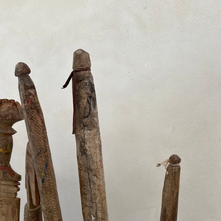 Antique Berber Carved Wooden Tent Peg Collection on Stand