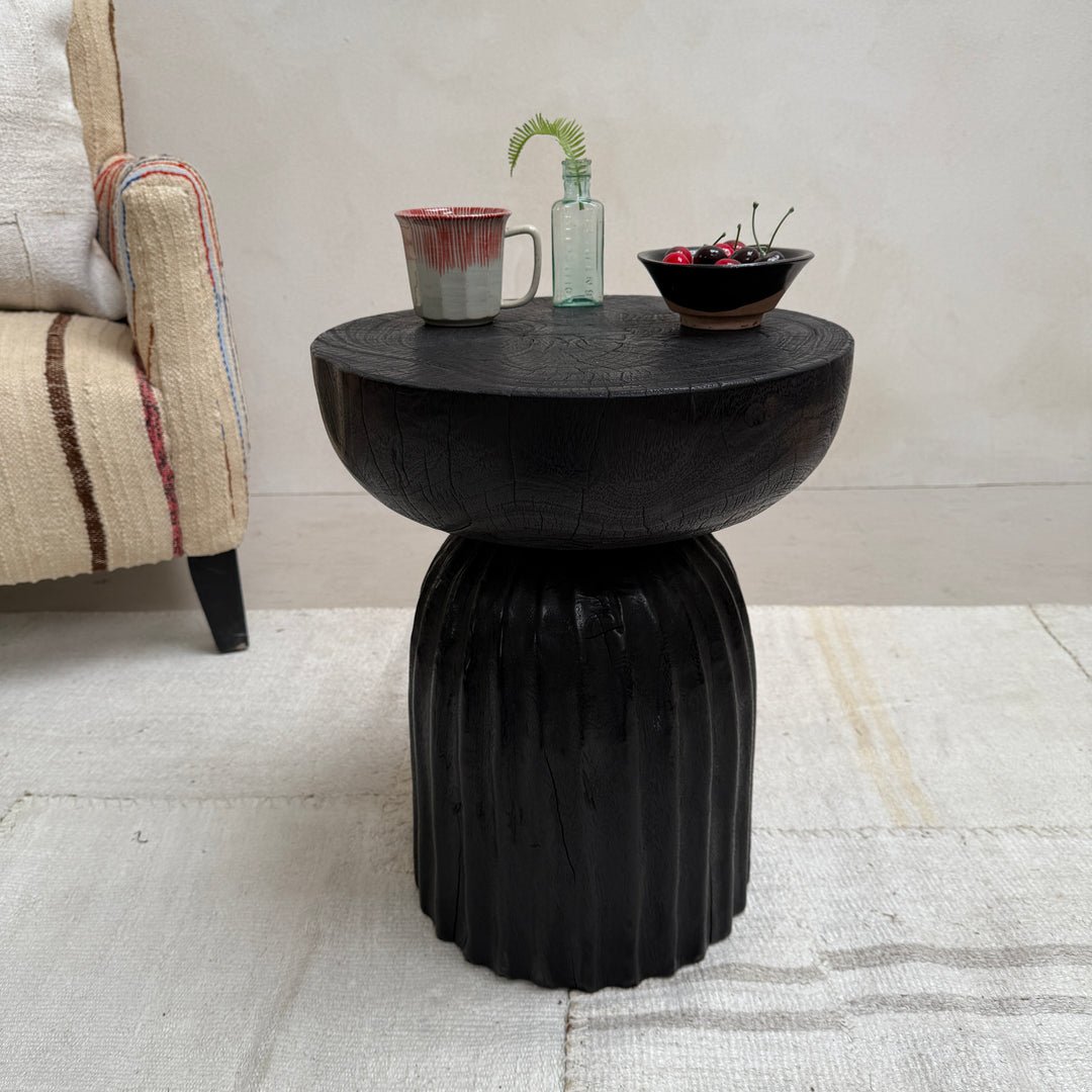 Round wooden side table | Carved