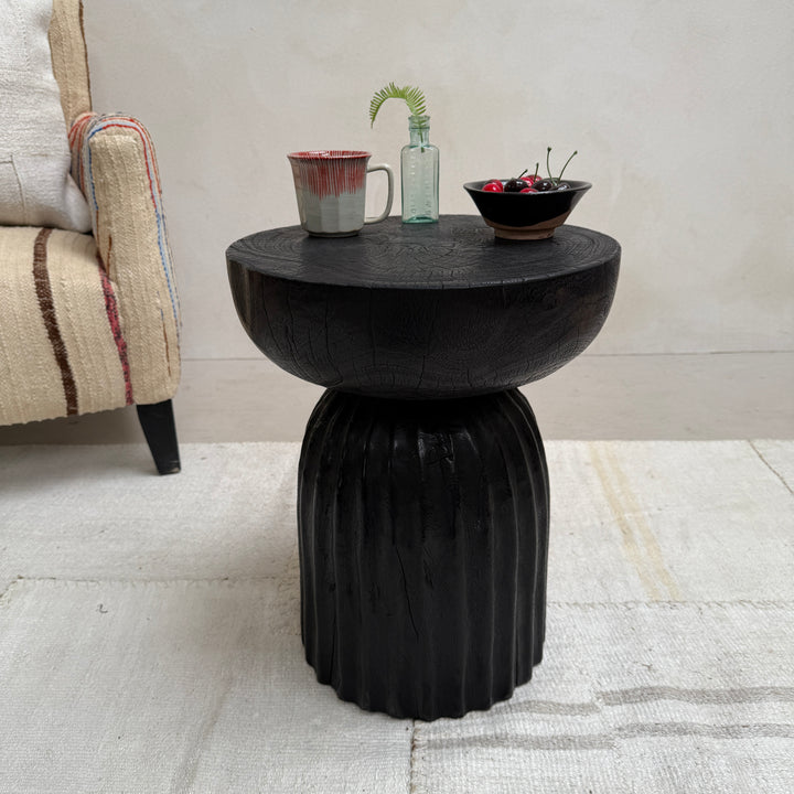 Round wooden side table | Carved