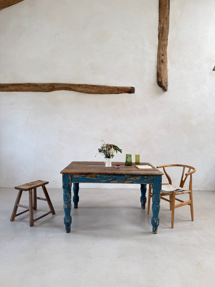 Antique Victorian Pine Dining Table with Original Blue Paint
