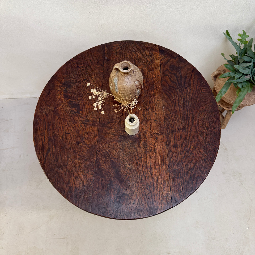 Antique English Oak Round Pedestal Side Table
