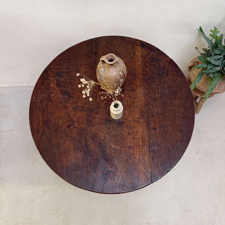Antique English Oak Round Pedestal Side Table
