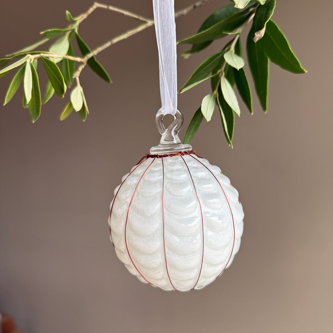 White Glass &amp; Copper Bauble Christmas Decoration