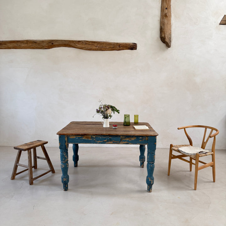 Antique Victorian Pine Dining Table with Original Blue Paint