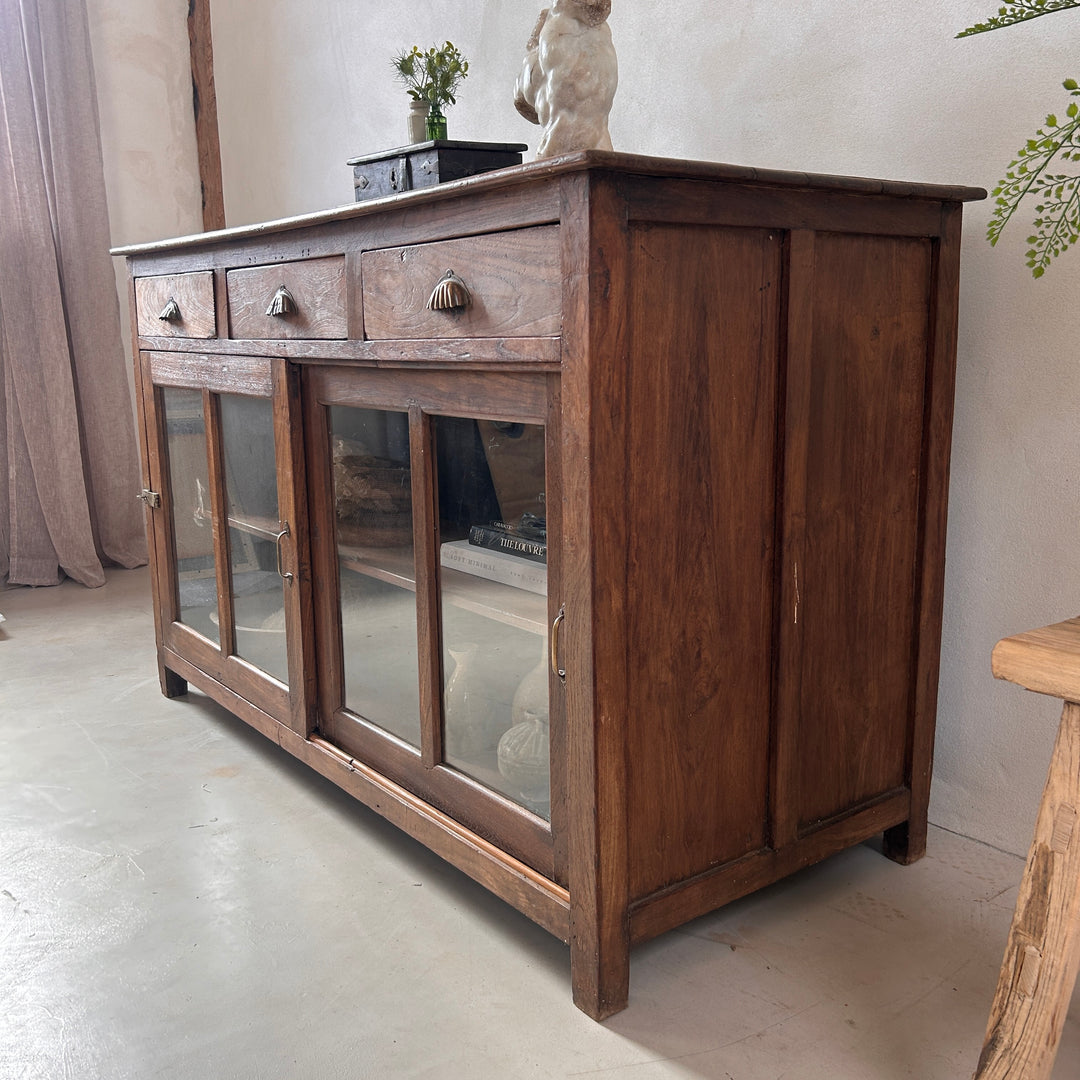 Antique Glazed Dark Wood Teak Sideboard With Drawers | Selena