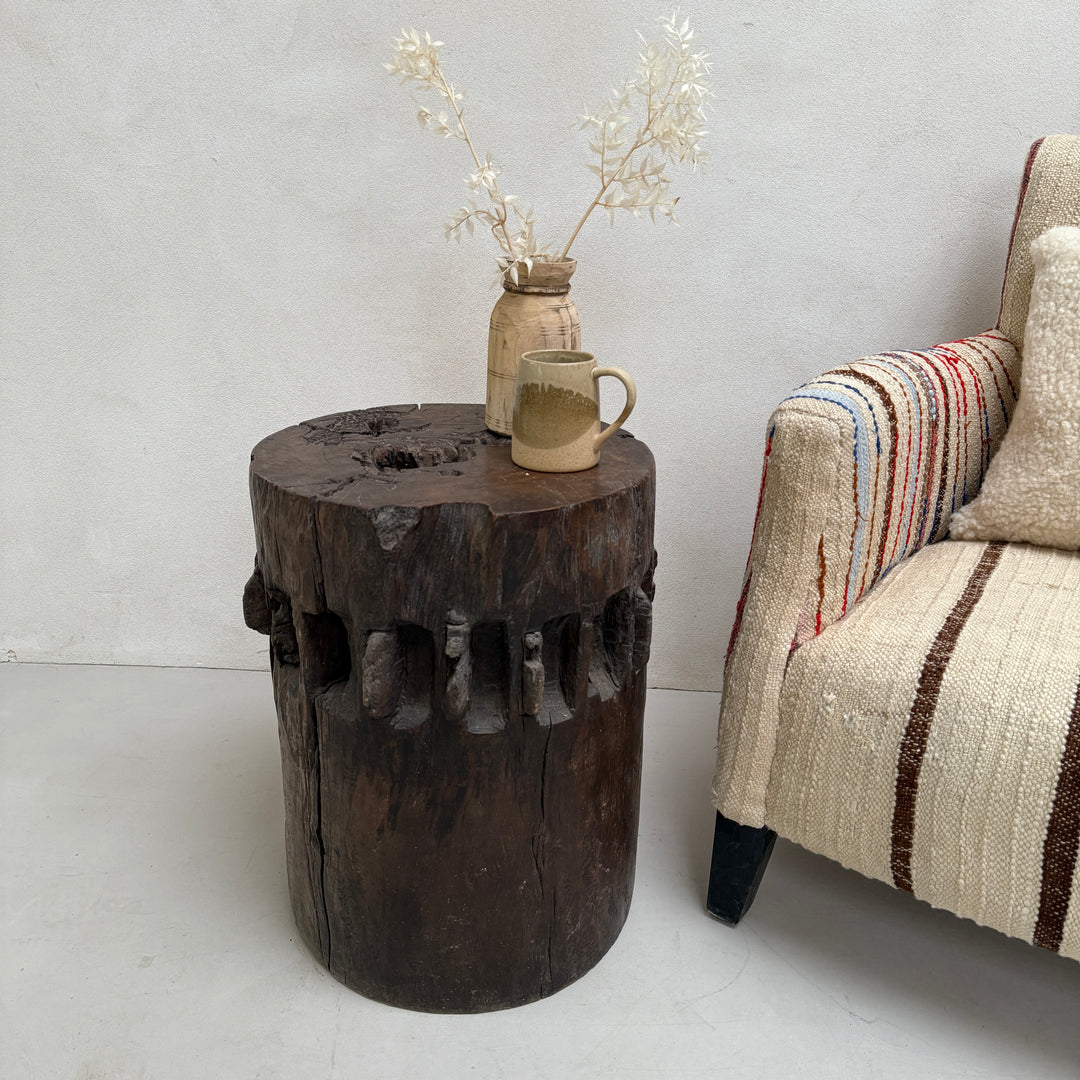 Rustic Antique Sugar Grinder round side table | Coco