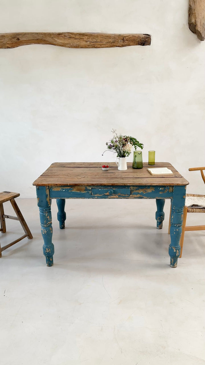 Antique Victorian Pine Dining Table with Original Blue Paint